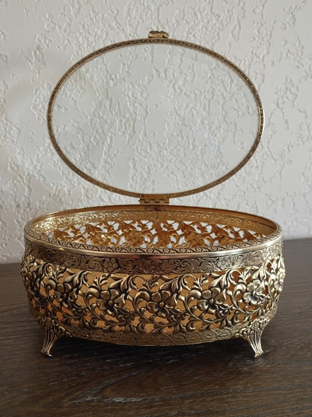 Antique Gold-Tone Filigree Jewelry Casket with Beveled Glass Lid, Ornate Footed